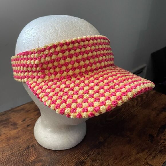 Anthropologie Visor Pink & Yellow Chenille Checks OS - Picture 1 of 7